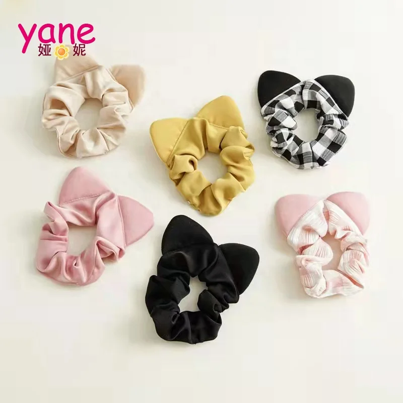 

Girls Party cute cat hair scrunchies plaid pattern pure color hair accessories