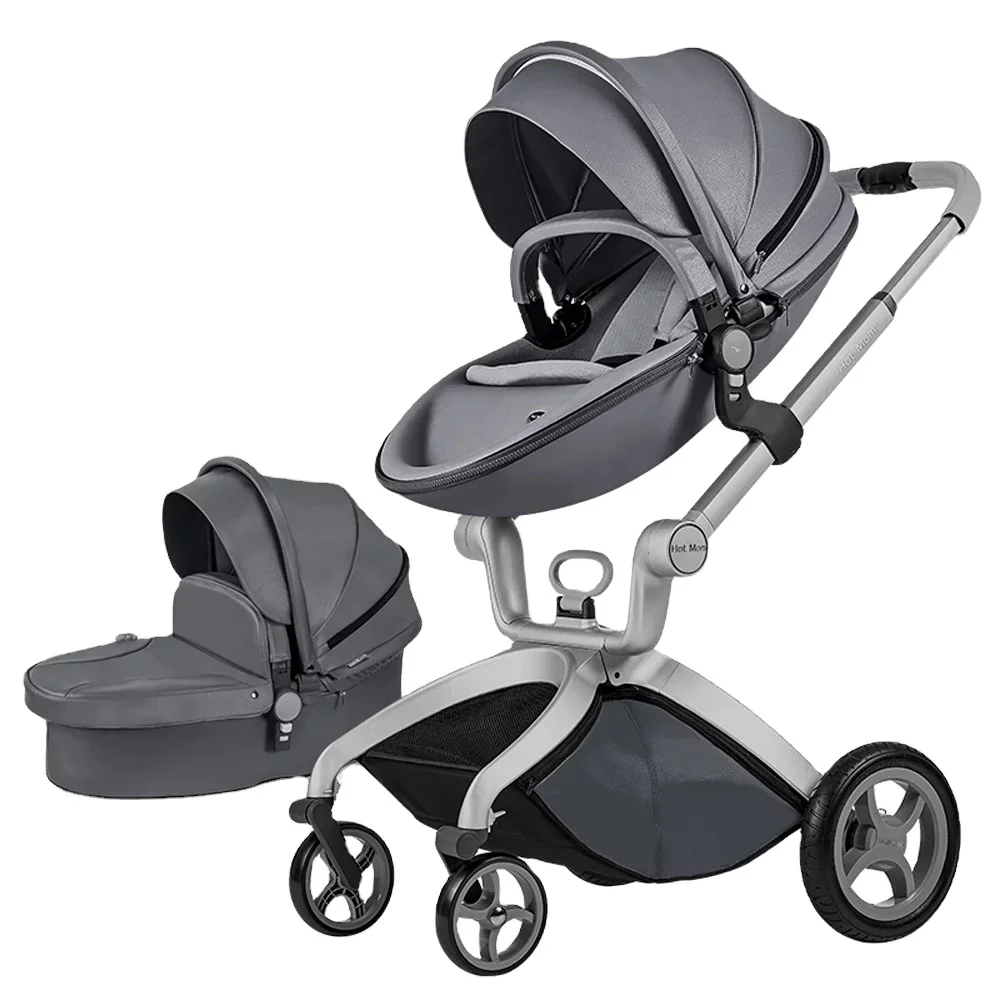 

2020 New Hotmom Eco-leather 2 in 1 and 3 in 1 baby stroller, White/black /brown/grid/ white &black stripe