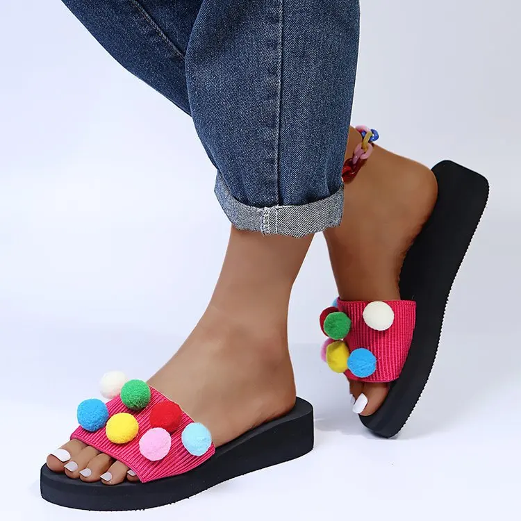 

Wholesale factory price pompom embellished women slides round toe platform sole ladies mules summer casual wear slippers