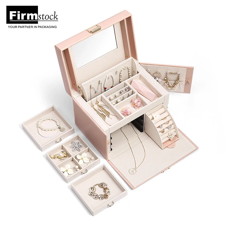 

Custom Travel Organizer Logo Jewellery Gift Boxes Luxury Leather Case Pink Storage Jewelry Box