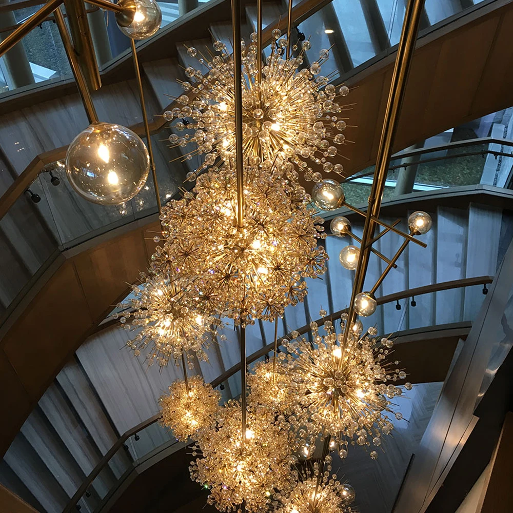 modern custom Large long staircase lighting LED ball pendant lamp raindrop spiral crystal chain chandelier for hotel and home