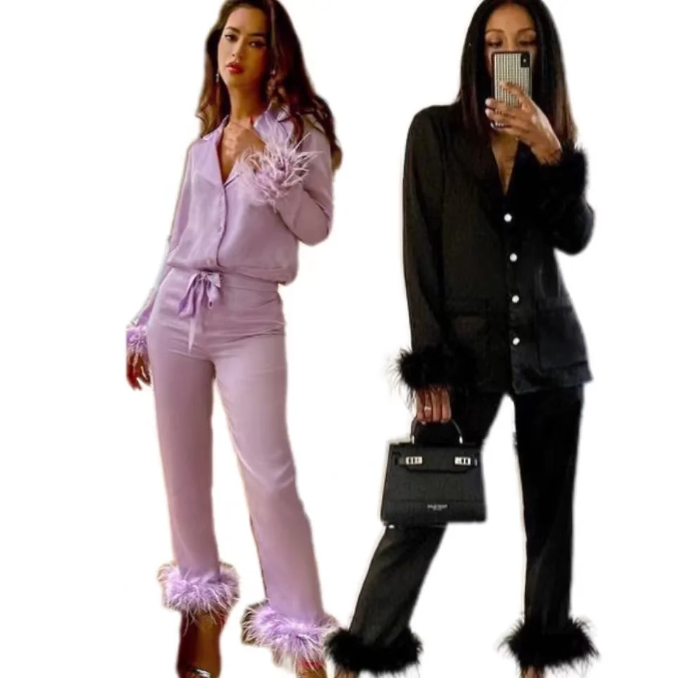 

2021 korean luxury new women high quality womens clothing sleep wear pajama with fur custom winter silk satin sleepwear set