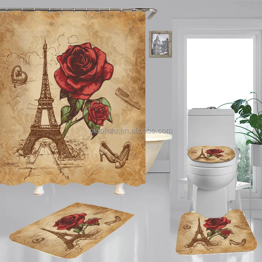 

Fashion 3D Custom Printed Watercolor Pairs Eiffel Tower Shower Curtain Set with Floral Bathroom Mats Set 4Piece Waterproof, Custom colors