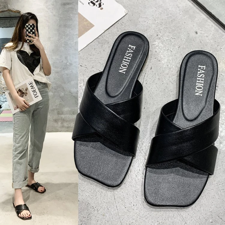 

New Wholesale Women's Price Women Ladies Flat Sandals Women Summer Candy Color Square Head Flat Bottom Slide Sandal Slippers
