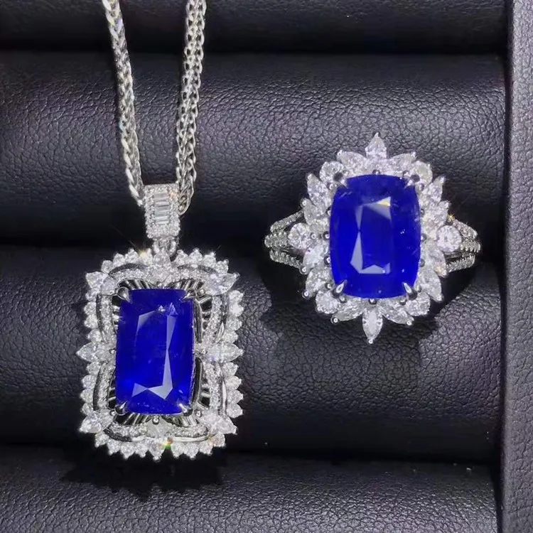 

royal luxury customized gemstone diamond jewelry 18k gold Sri Lanka natural blue sapphire necklace pendant ring set