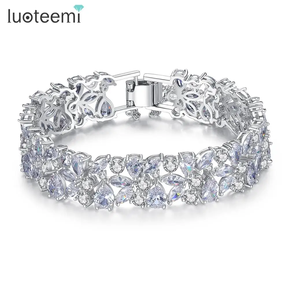 

LUOTEEMI New Design Cubic Zirconis Stylish Bracelet Luxury Flower Wide Women Bracelets Accessories