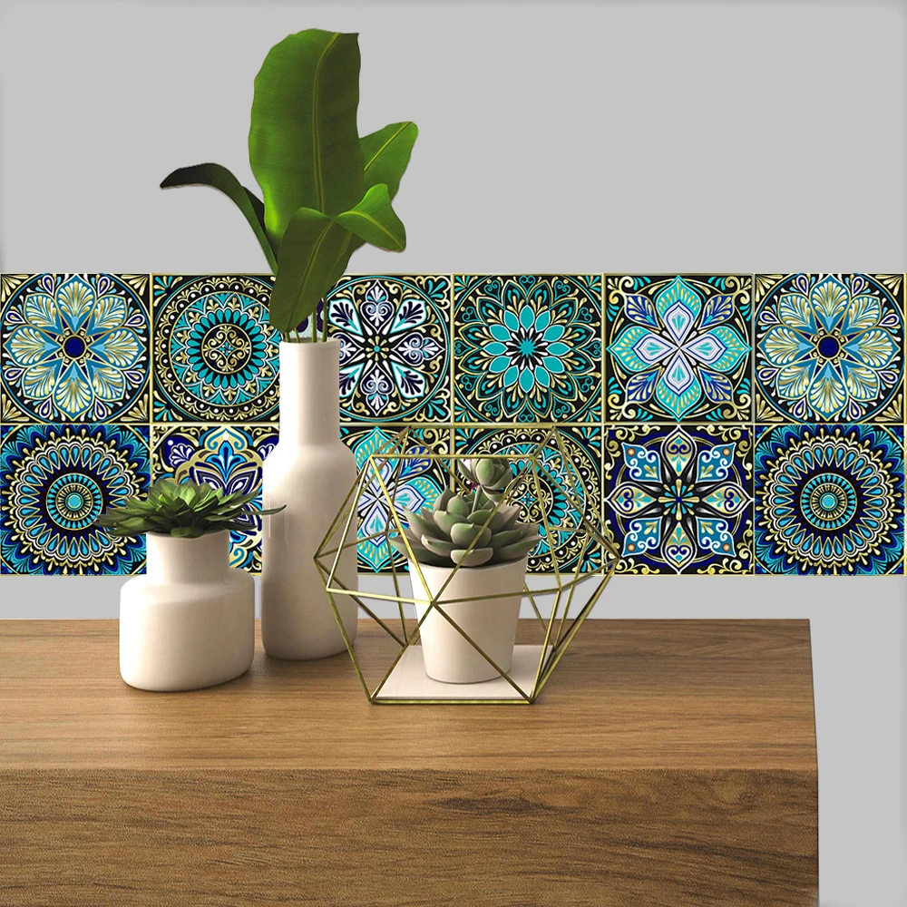 

10pcs Green Mandala Pattern Hard Film Tile Sticker Living Room Home Decor Wall Stickers Self-adhesive Removable PVC Wallpaper