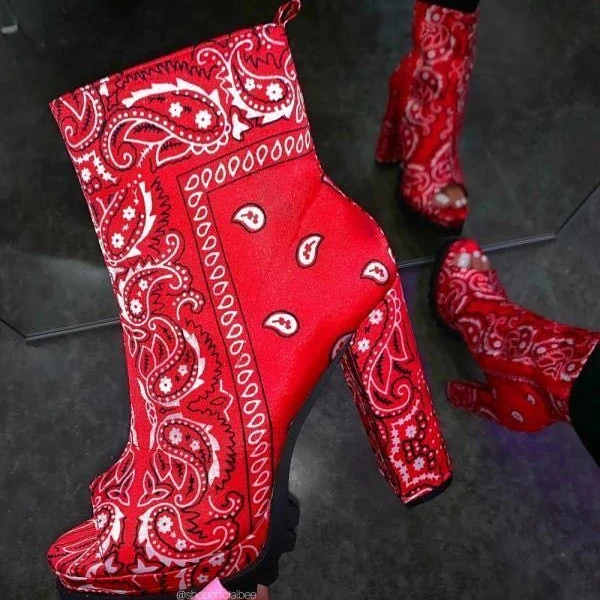 

XINYU winter New style bandana shoes paisley booty shorts women 2022 new fashion women ankle booties Blood, Black