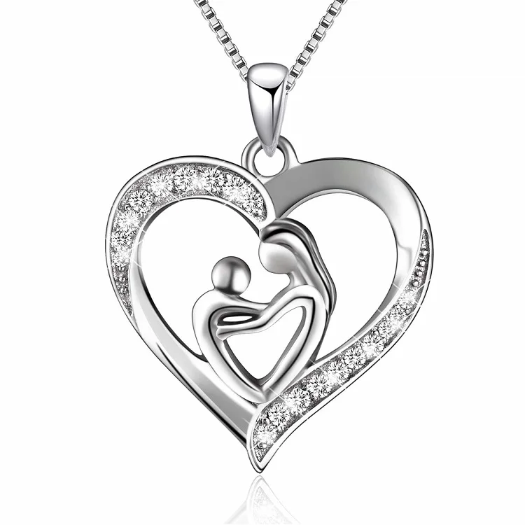 

925 Sterling Silver Mother and Child Love Heart Pendant Necklace Jewelry Gifts for Grandmother Mom Daughter Wife
