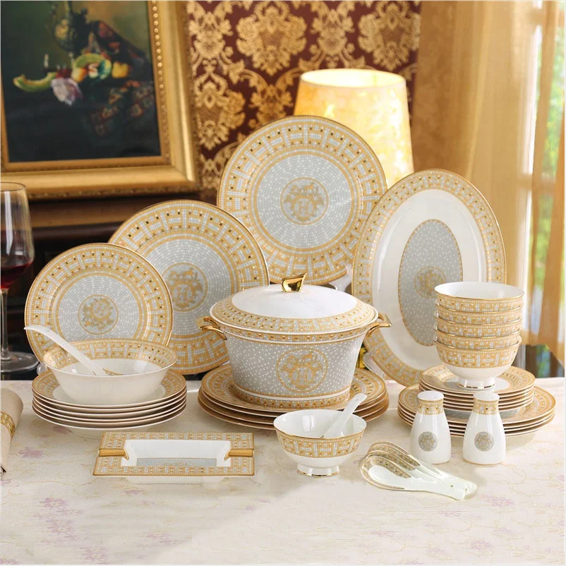 

Wholesale Western ceramic 58pcs dinnerware sets and coffee restaurant dishes and plates porcelain dinner set for 6 people, As shown