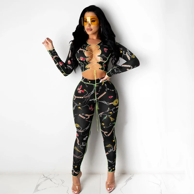 

YM09396 Autumn women clothes long sleeves crop top with ruffle bell bottom pants two Piece Outfit 2 Piece clothing Set