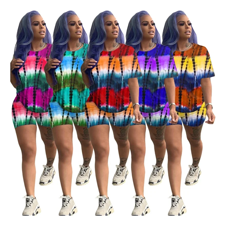 

Trending Products 2021 New Arrivals Casual Womens Tie Dye Print Two Piece Set Tops Shorts Outfit, Yellow, red, orange, blue, purple