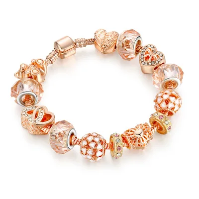 

Luxurious Rose Gold Plated Micro Inlaid Zirocnia Beaded Bracelet European DIY Crystal Rhinestone Love Heart Charm Bracelet