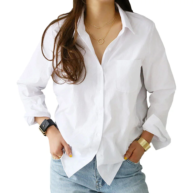 

Plus Size Button Casual Cotton White Shirt Women Hot Wholesale High Quality Long Sleeve Lady Tops Loose Solid Blouse for Women