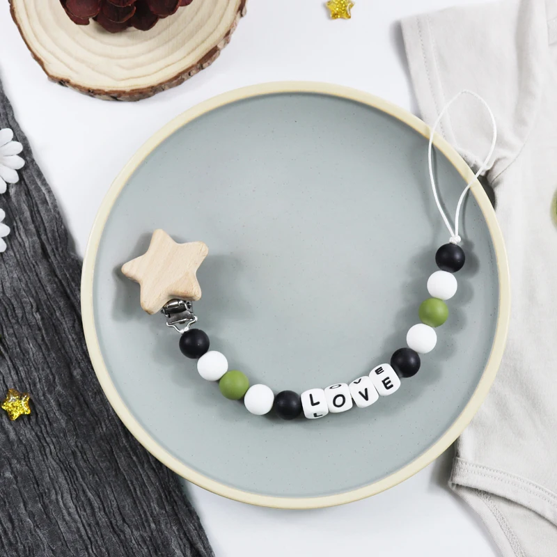 

Silicone Letter Baby Pacifier Clip Wooden Metal Baby Dummy Clips