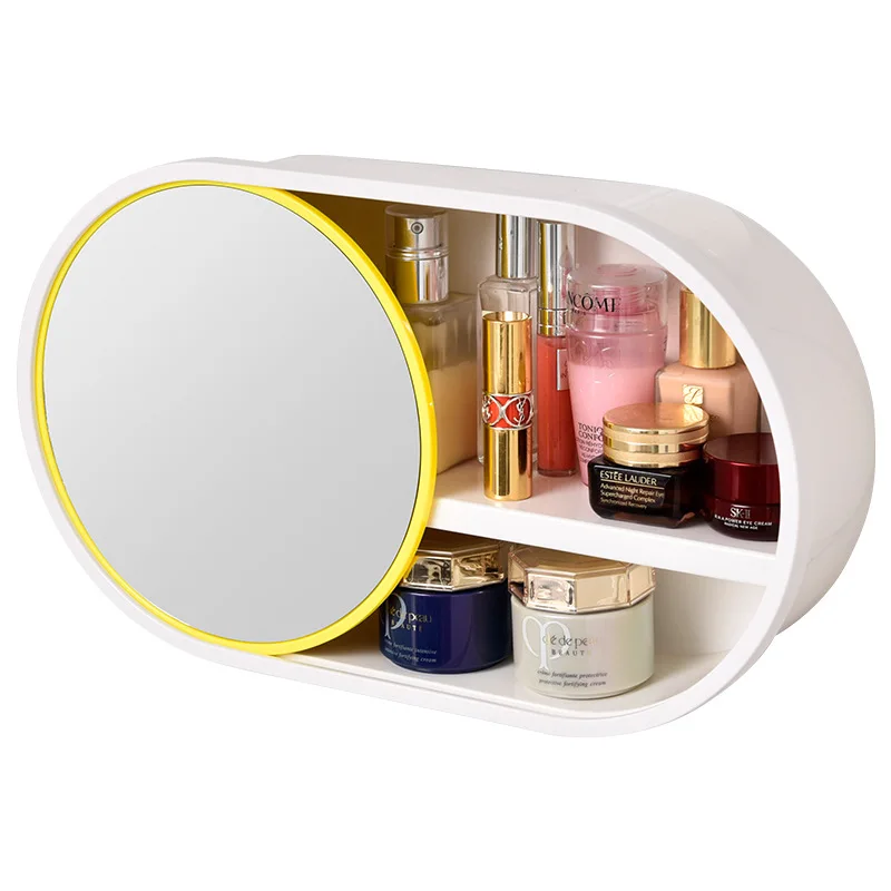 

Wall-mounted Cosmetic Storage Box with Mirror Waterproof Makeup Organizer Plastic Bathroom Shelves, Yellow,green