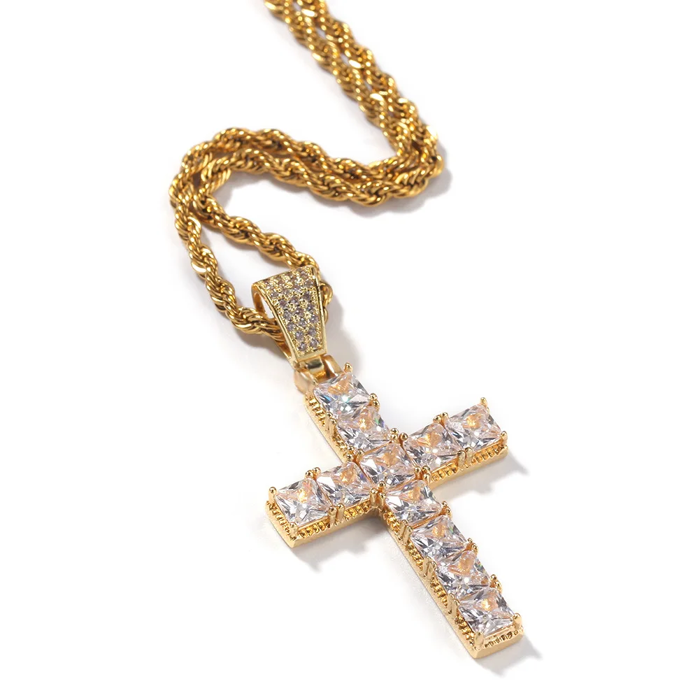 

High Quality Diamond Christian Religion Jewelry Gold Plated Stainless Steel Chain CZ Micro Pave Cross Pendant Necklace