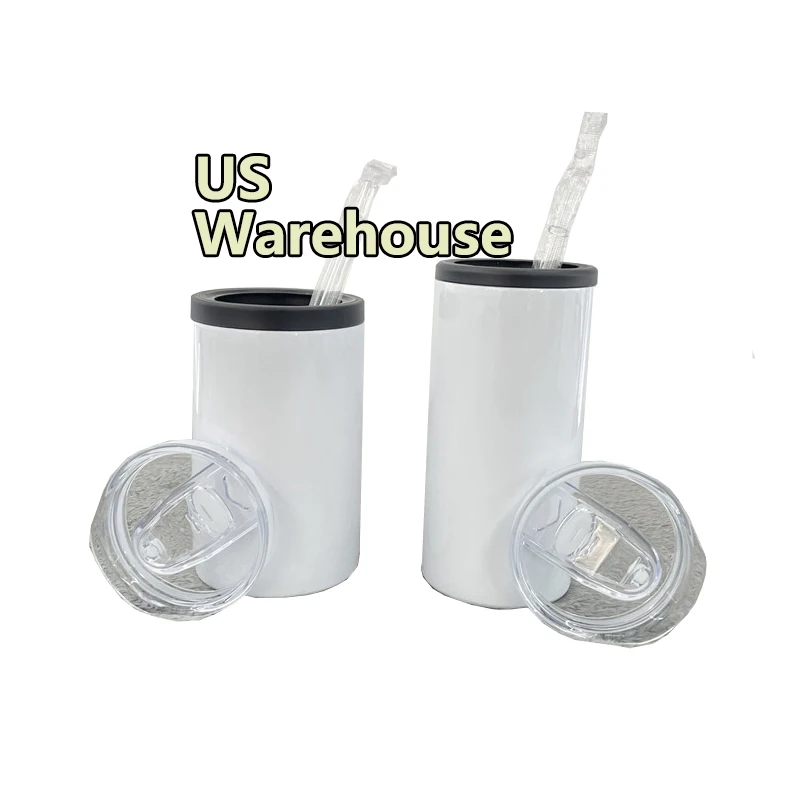 

free shipping Us warehouse stock sublimation blanks straight slim fatty Vacuum Insulated 12oz can cooler with 2 lids, Blank sublimation white