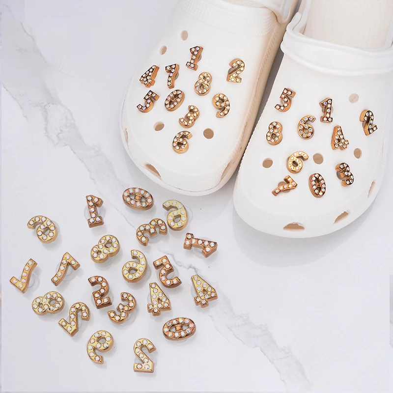 

Wholesale 20pcs Bling DIY Clogs Buckle Gold Silver Number Rhinestone Croc Charms Shoes Decoration for Kids Women Girls Gifts
