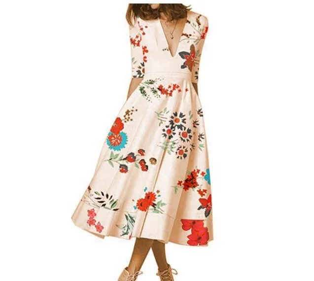 

Digital Print Dress Short Sleeve Dress V-Neck Dress ., White black