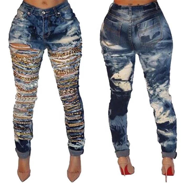 Women Clothes Vendor 2019 new arrival fashion chain ripped jeans women