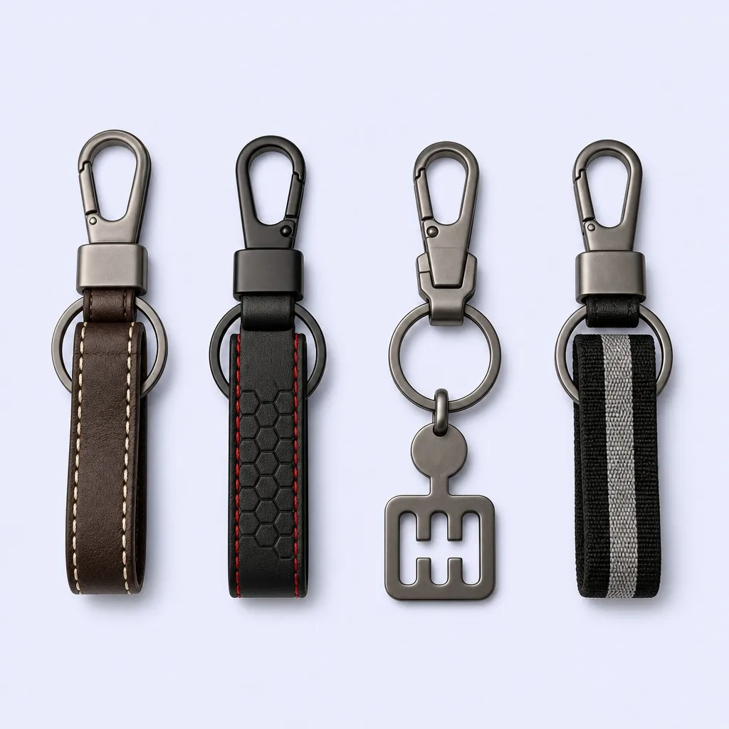 Four automotive keychains lined up