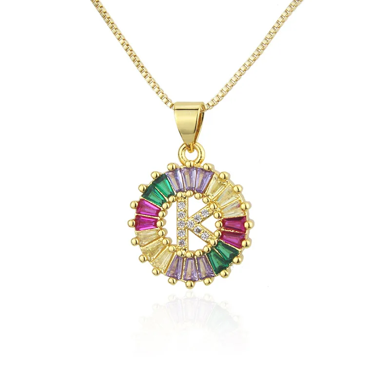 

European Hot Hollow Iced out Full Colorful Diamond 26 Initial Round Rainbow Cubic Zirconia CZ Alphabets Letter Pendant Necklace