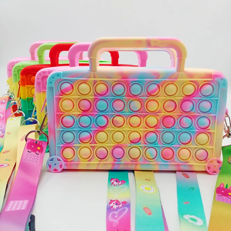 

Wholesale Kids Silicone Mini Fidget Popping its Cross Body Shoulder Hand Bag Zipper Rainbow pop it Coin purse Pencil bag, 5 colors