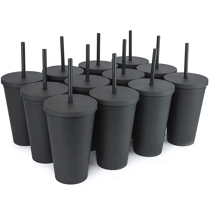 

BPA Free 16oz Black Tumblers Cups Double Wall Matte Plastic Tumblers with Lids and Straws, Customized color