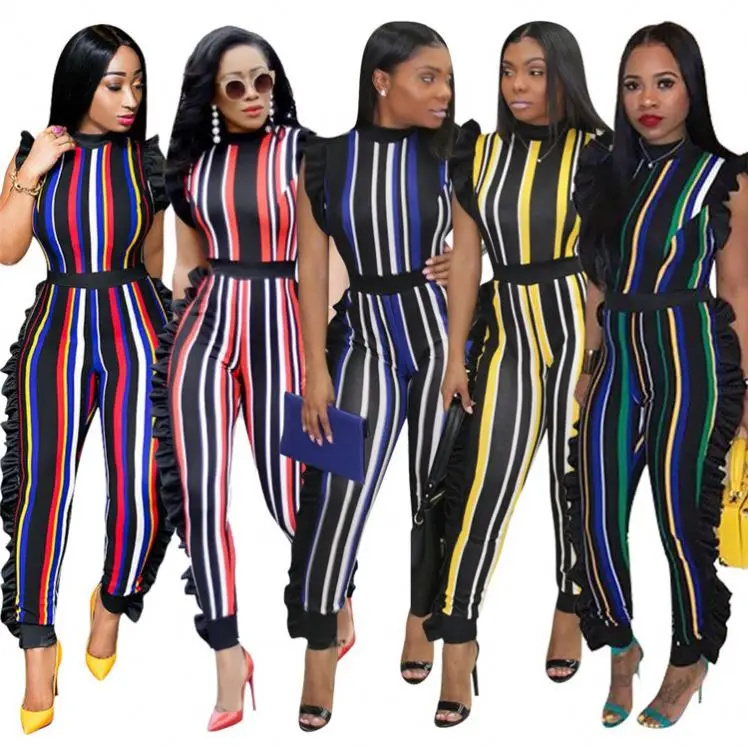 

New Coming Ladies Jumpsuits Rompers Sexy Striped Print Pencil Pants Women Clothing Custom Skinny One Piece Women Jumpsuit, Customized color