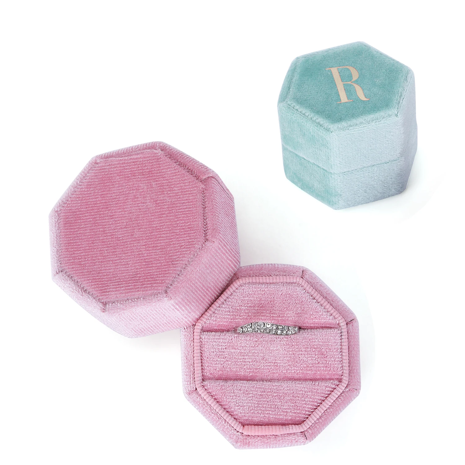 

Personality Custom Logo Jewelry Hexagon Velvet Double Slots Wedding Engagement Ring Box, Colorful