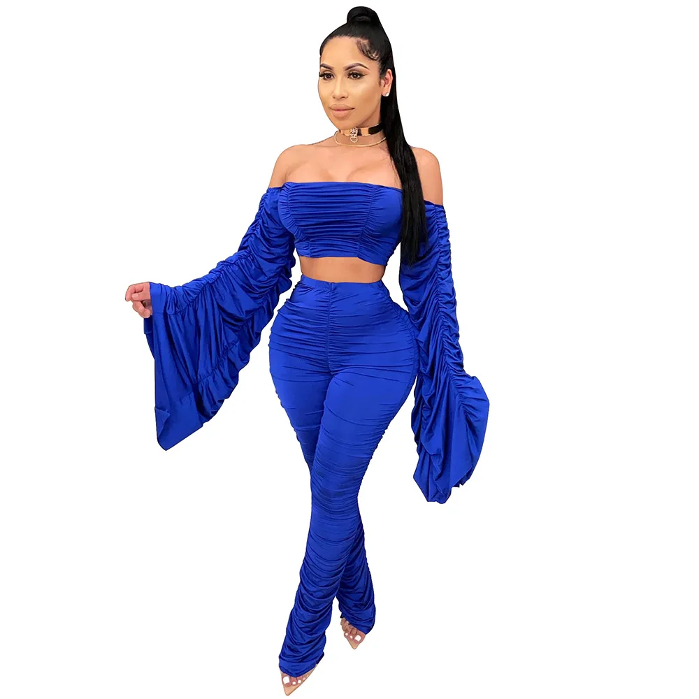 

B1204TA20 Factory Wholesale Off Shoulder Crop Top Ruffle Stack Pant Two Pieces Set For Women