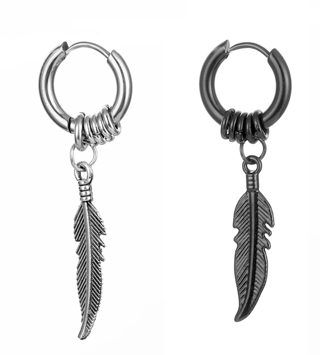 

Silver Stainless Steel Male Feather Tassel Pendant Women Earring Korea For Men, Silver, black