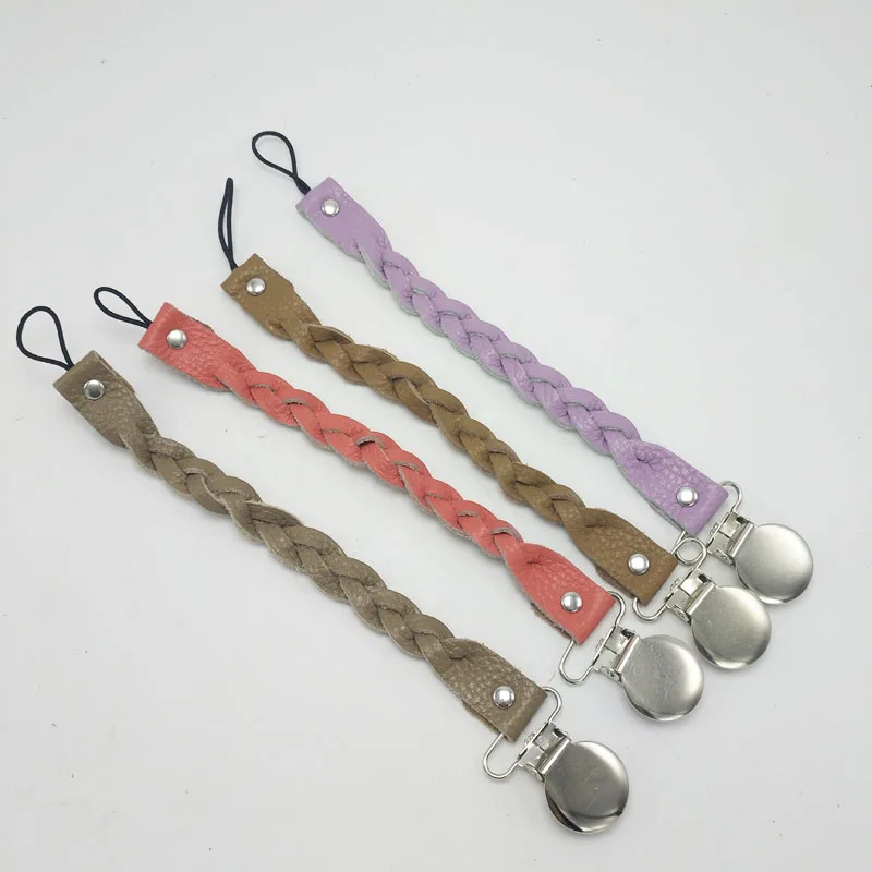 
fashion OEM custom logo braided leather dummy clips baby pacifier 