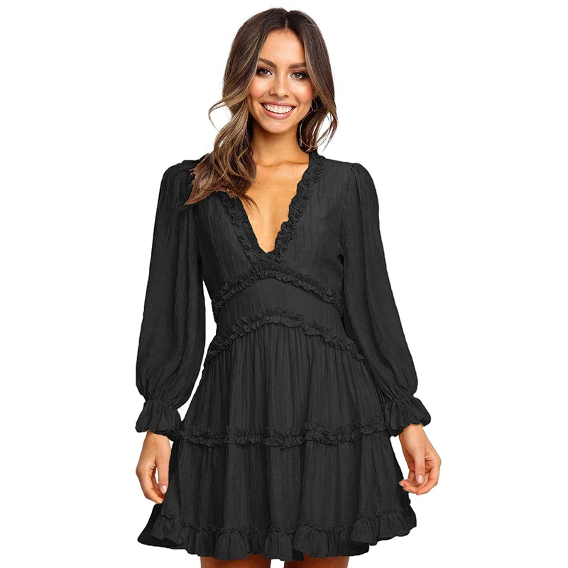 

New Arrivals 2021 Women V Neck Ruffle Detailing Open Back Mini Dress, Black,blue,beige,green