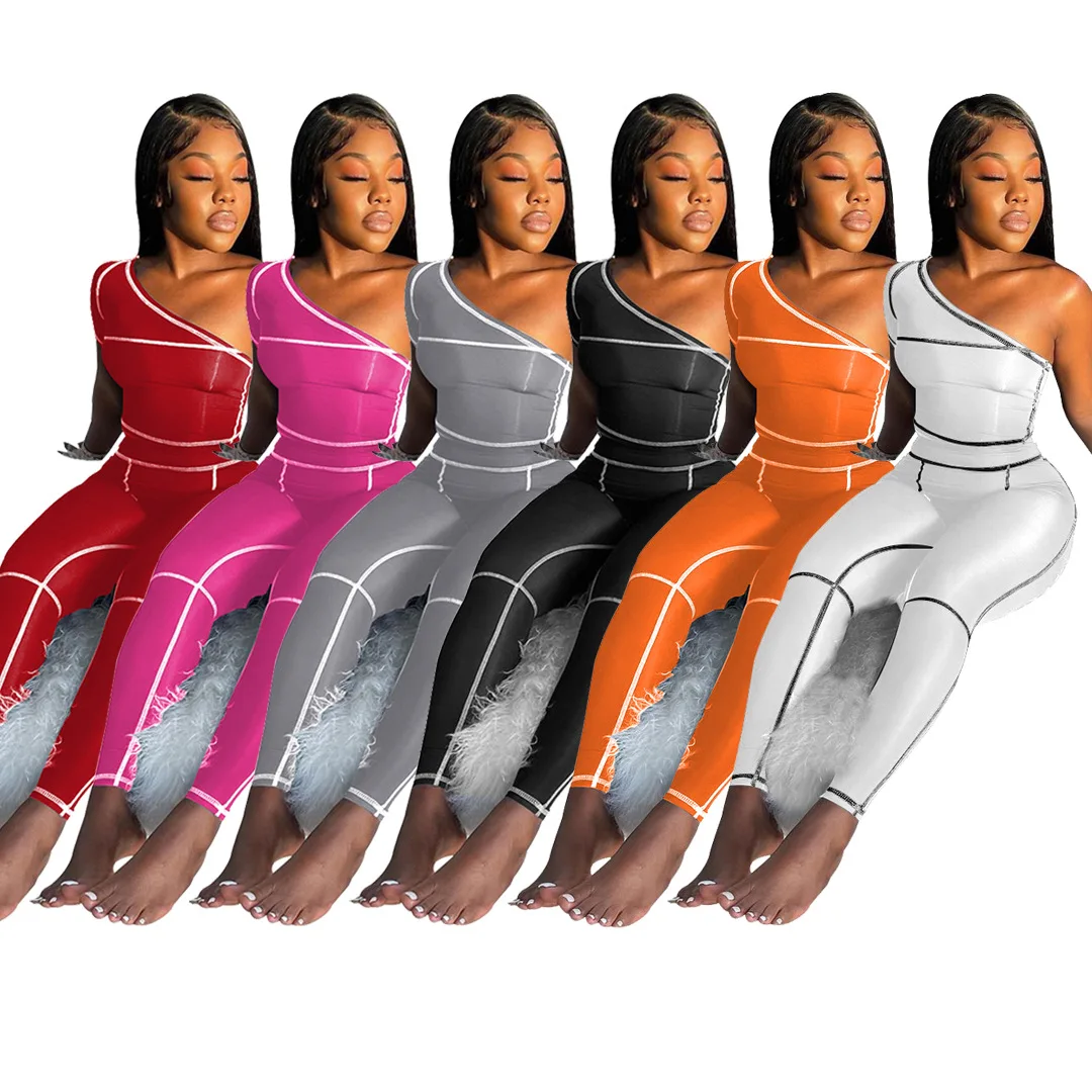 

2021 Summer Casual Solid Color Sportswear One Shoulder Tops T Shirt With Stretch Pants Yoga 2 Two Piece Sets Tracksuit For Women