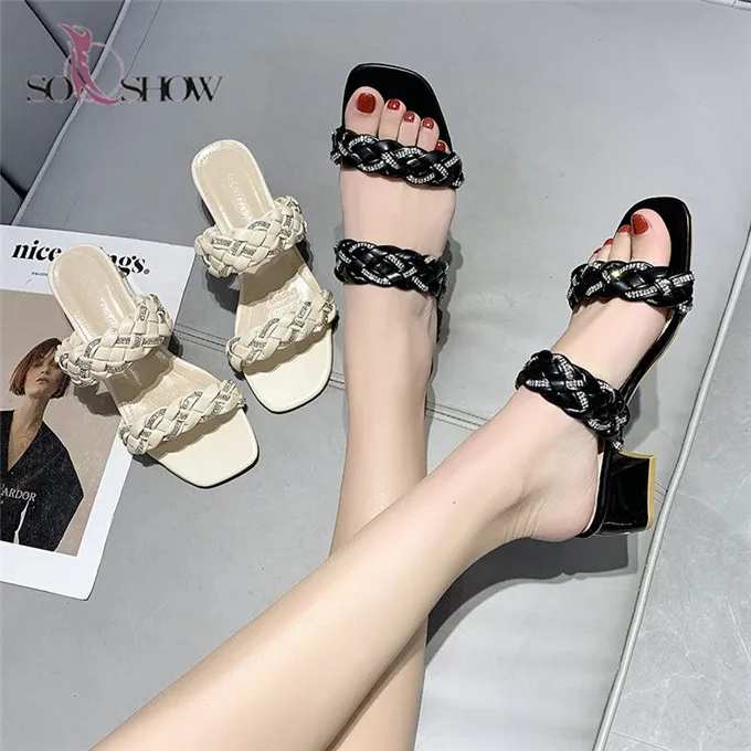 

Hot Sale Custom Wholesale thick Heel Ladies Shoes Pumps Woven Slippers For Women