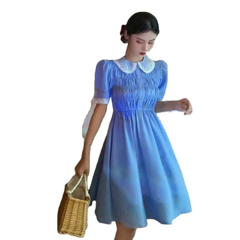 

Summer sweet wind blue dress elegant tie Peter Pan collar short skirt women's fashion new style