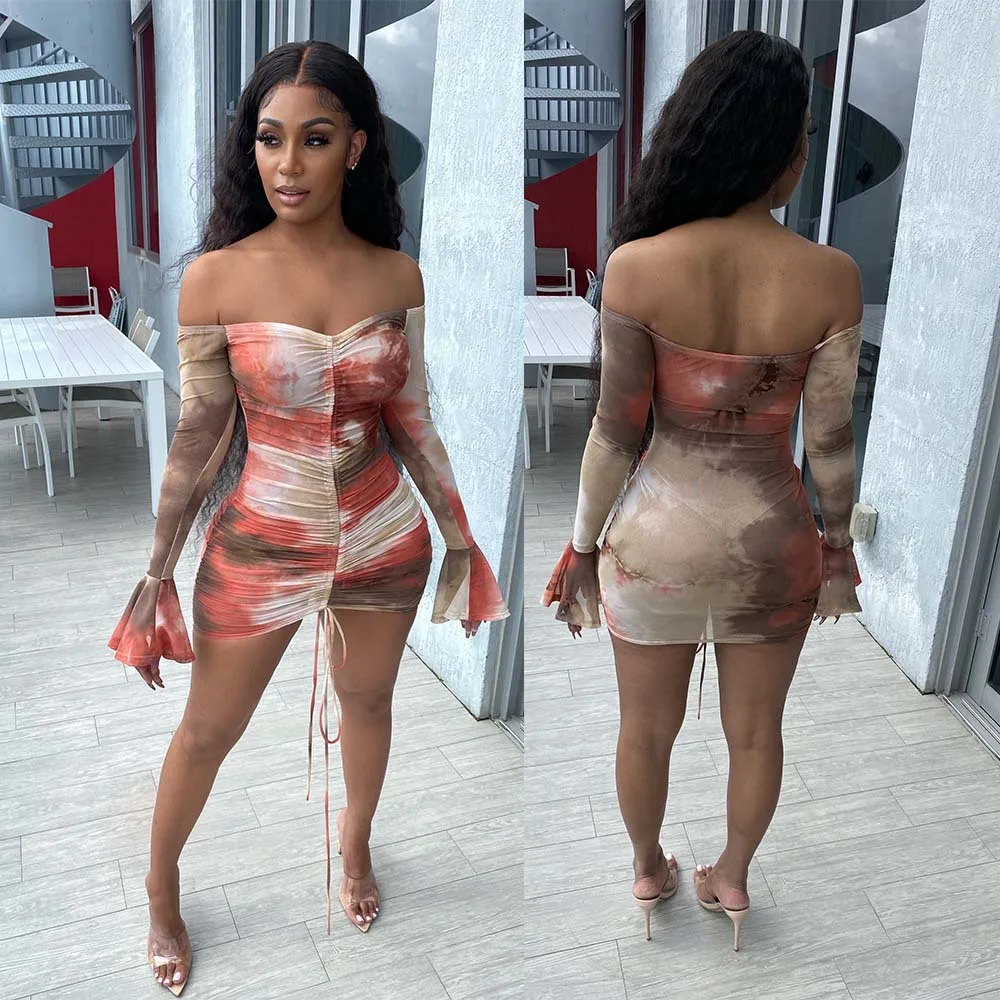 

H4947 - fashion bodycon printed off shoulder long sleeve pleated mini dresses women