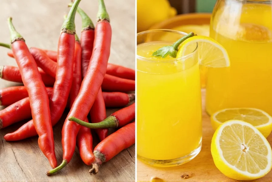 Glass of cayenne pepper and lemon juice mixture on wooden table with fresh ingredients