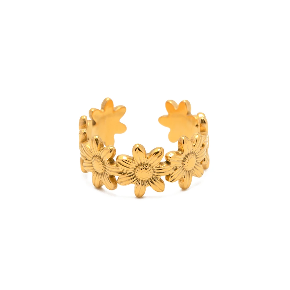 

New Arrival 18K Gold Plated Stone Finger Ring Stainless Steel sunflower Open Ring for girls women