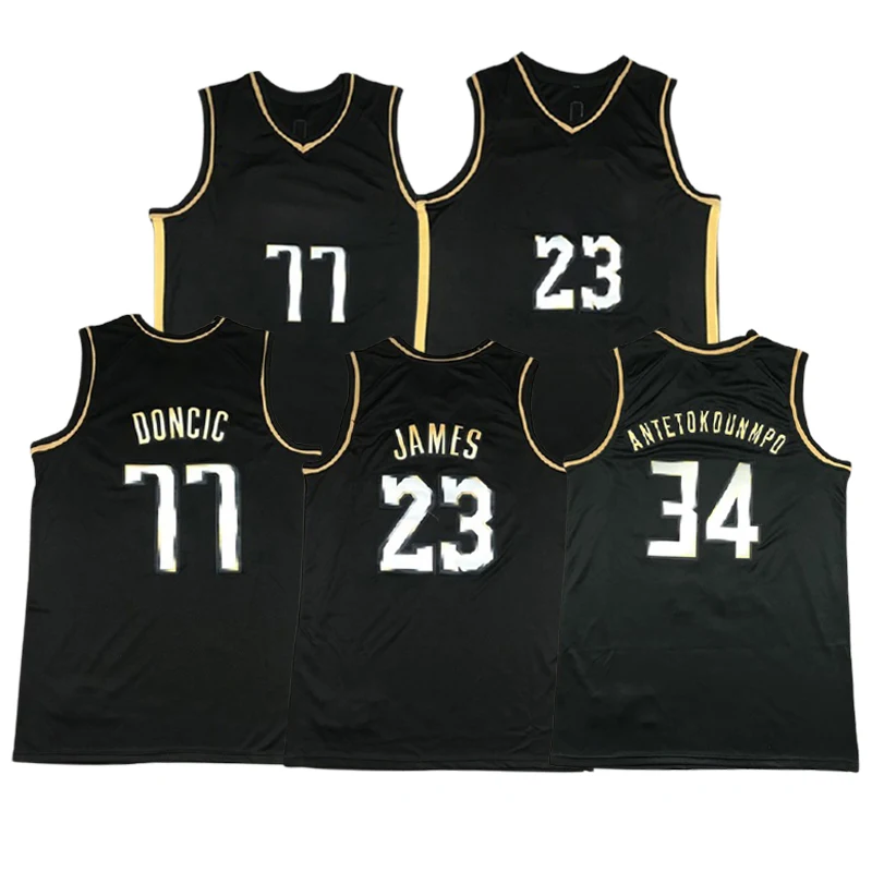 

New Design Black Gold James 23 Giannis Antetokounmpo 34Luka Doncic 77 Mesh Embroidery Mens Sports Jersey Basketball Wear Shirts