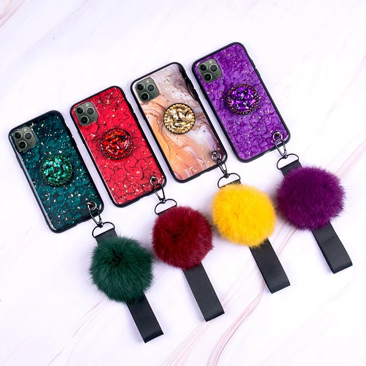 

For iPhone 12 11 XS MAX X 8 7 6 Luxury Women Fashion Epoxy Phone Case with fur ball Wrist Strap, Green, red, purple
