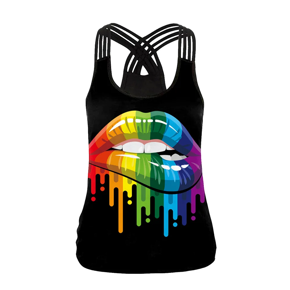 

New Design Women Summer Sleeveless T-shirt Vest Back Hollow 3d Printed Camisole Drop Shipping Customized Tank Top for Women