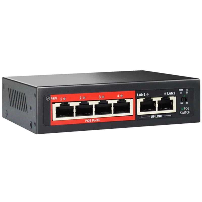 

OEM/ODM AI POE switch 4 100M port, IEEE 802.3af/at ,65W Built-in Power, Extend to 250Meter