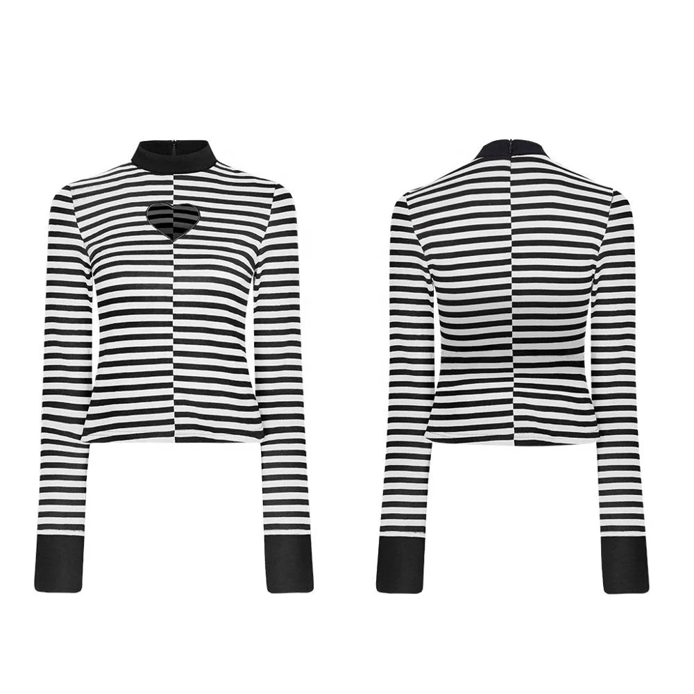 
OPT-280 PUNKRAVE vertical collar love hollowed tight T-shirt black white long sleeve factory shirt 
