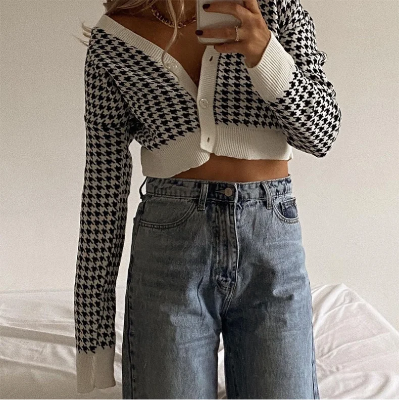 

INS 2020 woman v-neck houndstooth knit sweaters long sleeve cardigan sweater for women clothing