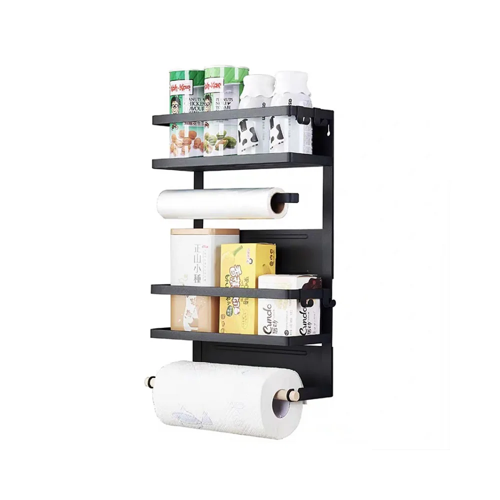 

Magnetic Fridge Organizer Spice Rack with Paper Towel Holder and 5 Extra Hooks 4 Tier Magnet Refrigerator Shelf in Kitchen