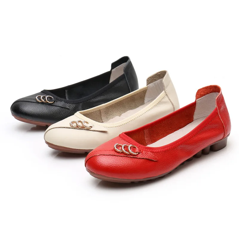 

Manufacturer sells genuine leather Lady shoes flat bottomed casual women's round head bean shoes 4 seasons shallow mouth shoes