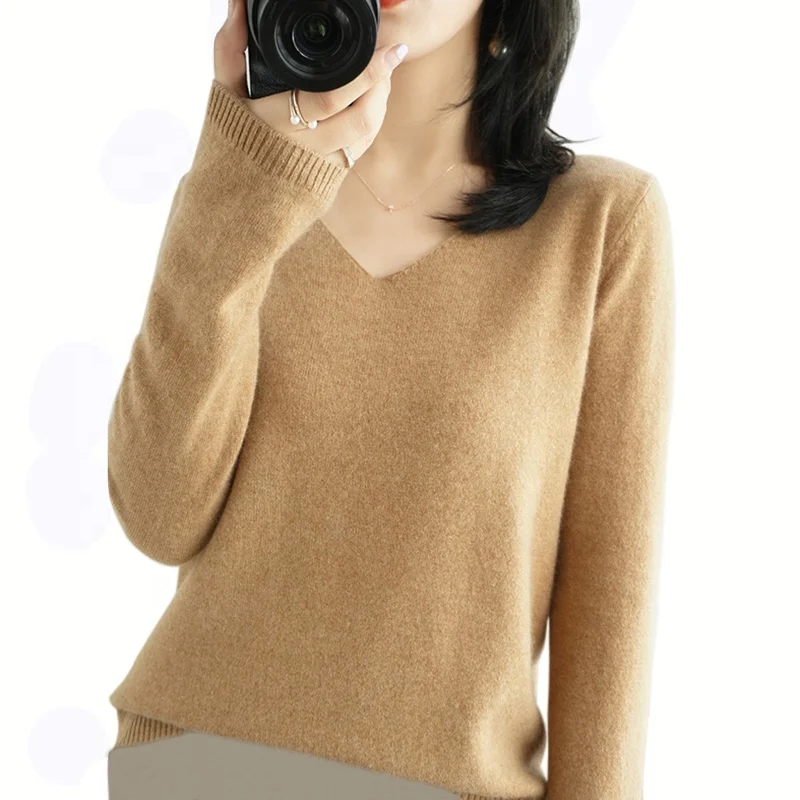 

2021 Fashion Plus Size Knit Sweaters Women V-neck Long Sleeve Woolen Knitwear Solid Color Womens Sweater Knitted Pullover, 8 solid colors as shown